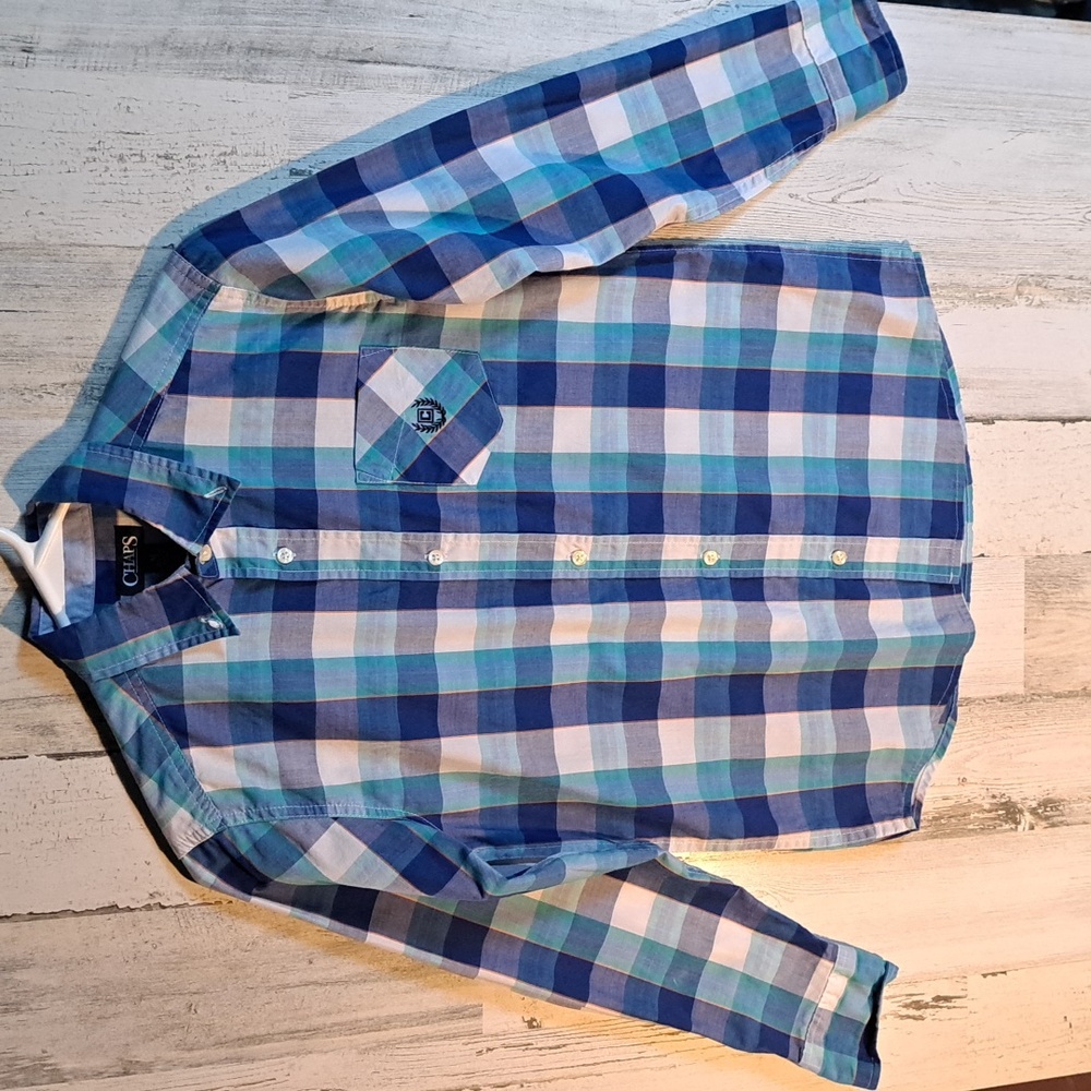 Chaps Boys long sleeve blue, white, and green checkered polo.